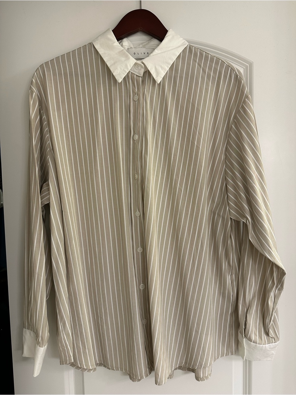 OLIVE CLOTHING Beige Stripe Button-Down Shirt with White Collar